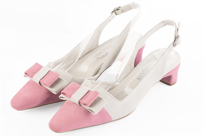 Carnation pink and off white women's open back shoes, with a knot. Tapered toe. Low kitten heels. Front view - Florence KOOIJMAN